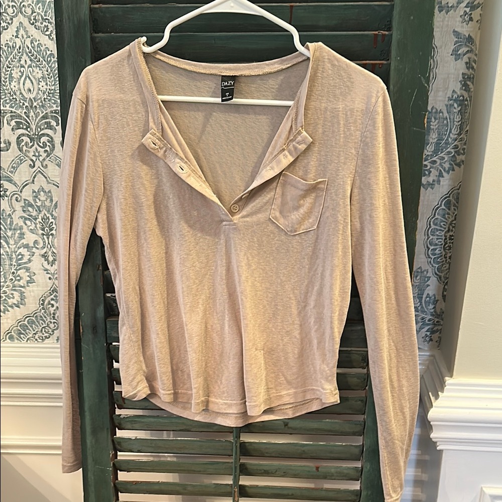 Cream Long Sleeve Fitted Polo Crop Blouse